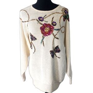 Victoria Jones Cream Floral Bead & Sequin Pull-Over Sweater Size Large NWT